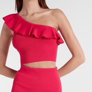 Express Body Contour Ruffle One Shoulder Cropped Sweater Tank, hot pink xl